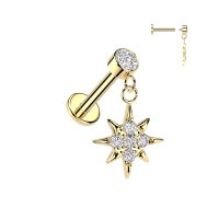 Złoty labret z zawieszką Sunburst i gwintem wewnętrznym