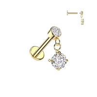 Gold internally threaded labret with Round Zirconia dangle