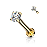 Złoty labret z cyrkonią prong set i gwintem wewnętrznym