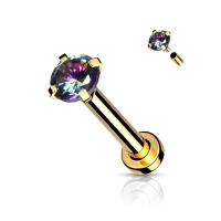 Internally threaded gold labret with prong set rainbow CZ